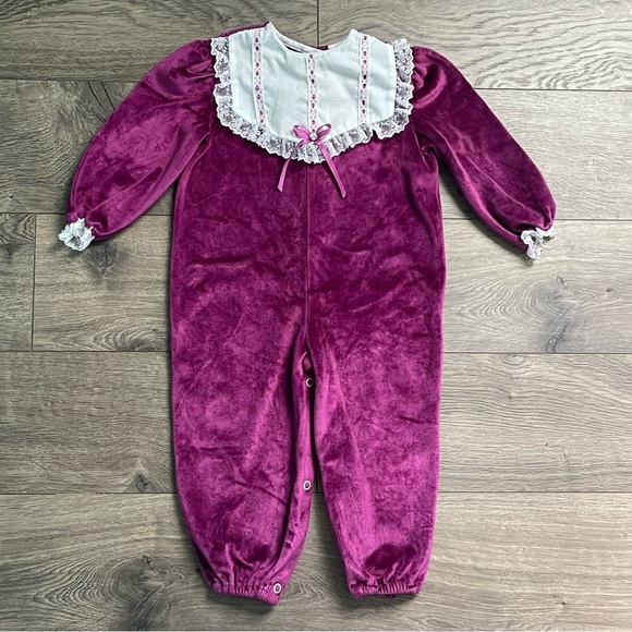 Vintage Precious Originals Fuchsia Velour Lace 24m Baby Coverall Romper - Picture 1 of 7